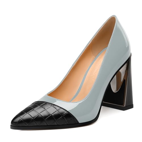 Womens Heeled Pumps, Pointed Toe High Chunky Heel Pupms for Women, Leather Insole Splicing Toe Pumps for Working, Wedding and Party 3.5