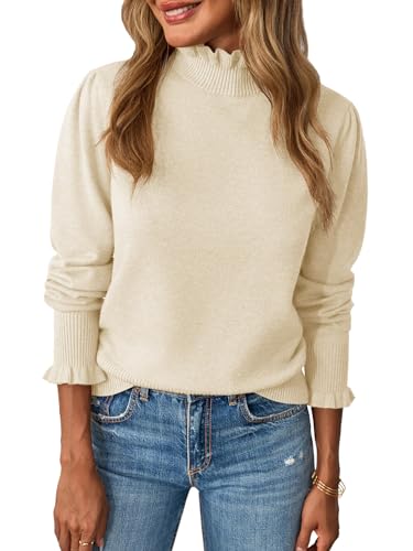 Saodimallsu Womens Ruffle Mock Neck Sweater Puff Long Sleeve Fall