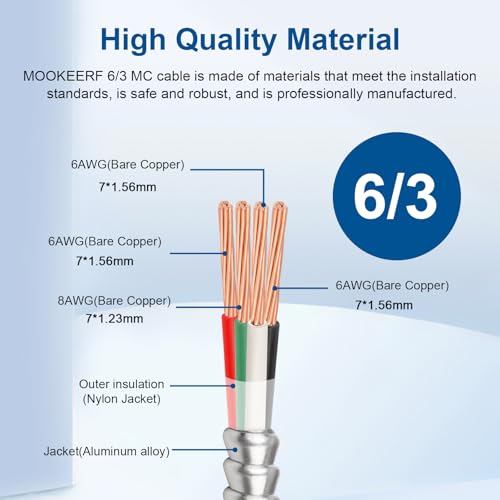 Image of MOOKEERF 6 /3 MC Cable with Ground - 15FT Pure Copper 6AWG /3 Metal Clad Wire with Aluminum Armor 6 Gauge 3 Conductor Type MC Alum Cable