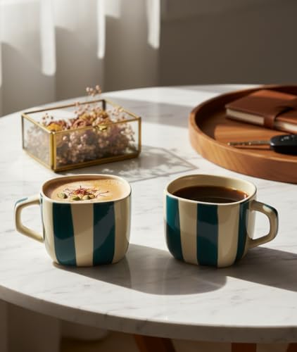 Image of DATA Ceramic Zen Stripes Hand Painted Coffee Mugs in Dark Green Lines, Set of 6, 199 Ml