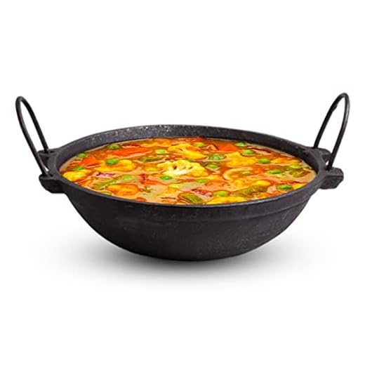 The Indus Valley Cast Iron Cookware (8 Inch Kadai, Pre Seasoned/1.2 L/Small, Perfect for 2 Member Family with Free Ladle, Black)