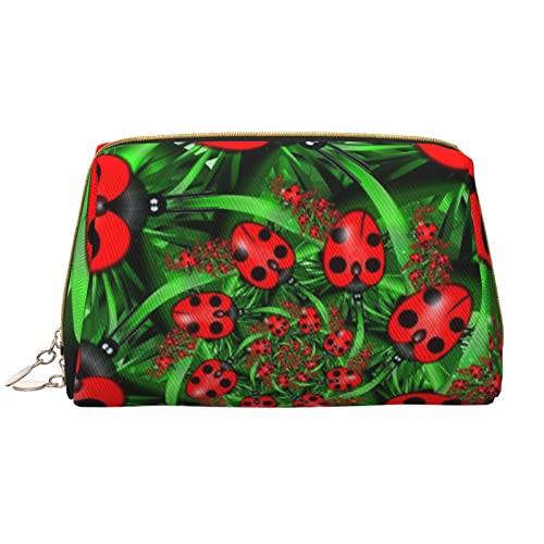OCELIO Bolsa de maquillaje de mariquita roja de gran capacidad, bolsa de cosméticos de viaje, bolsa organizadora de maquillaje de piel sintética para mujer, Blanco, Talla única