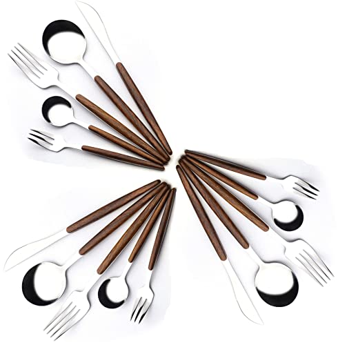 Image of Gold Flatware Matte Wooden Handle Stainless Steel Tableware Sets for 3 Including Forks Spoons Knives, Camping Silverware Travel Utensils Set Cutlery(Silver, Set of 15)