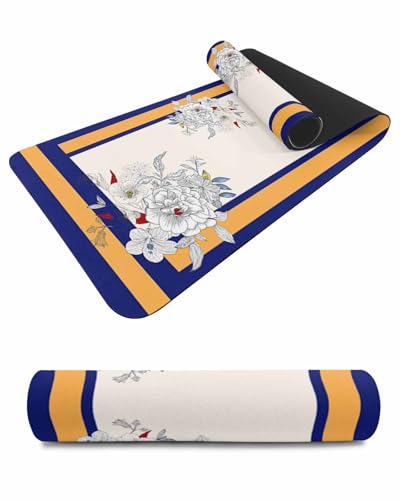 Debedcor Heat Proof Table Pads Waterproof Decorative, Boho White Floral Non-Slip Table Countertop Protector, Farmhouse Navy Orange Stripes Insulation Mat for Dining Room, 48 x 12 Inches