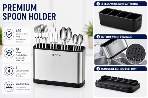 Image of Tenom Spoon Holder for Kitchen Countertop | Stainless Steel Spoon Stand & Cutlery Stand with Drain Tray | Rustproof Heavy Duty Utensil Organizer (Silver)