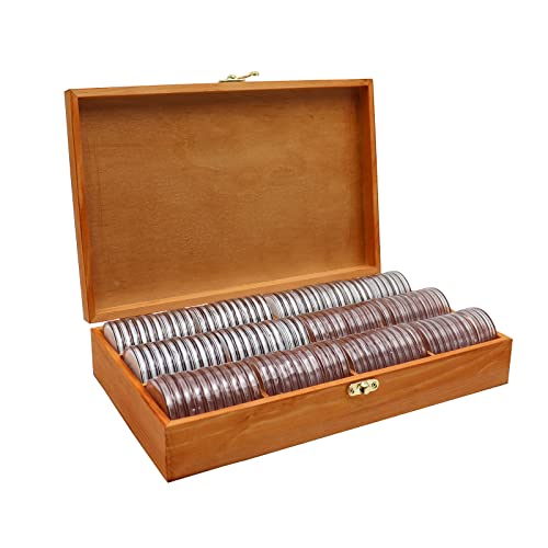 20-46 mm Holz-Münzhalter, 120 Stück hochtransparente Münzkapseln mit Schaumstoffdichtung, Münzsammler Etui Halter, Professionelle Münzaufbewahrungskoffer Box für Münzsammlung (Bronze) Cover