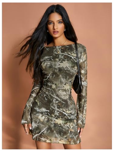 Image of MakeMeChic Women's Cheetah Print Mini Dress Y2k Bell Sleeve Leopard Print Dress Going Out Outfits