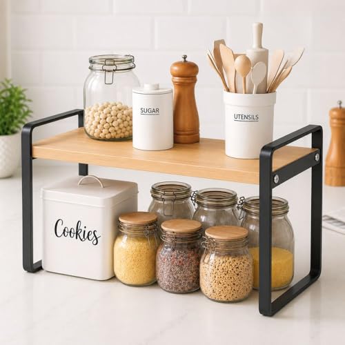 Image of Decorlaay Multipurpose Kitchen Counter Storage Rack - Wooden Countertop Organizer for Spices, Jars, Canisters & Utensils
