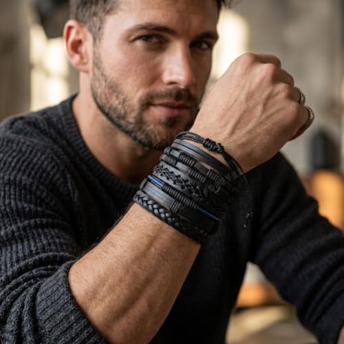 Image of Young & Forever Multi-Pack Men's Leather Bracelet Set - Braided Rope, Vintage Bead, Gothic Punk Skull, & Boho Wrapped Multi-Layer Cuff Wristbands, Adjustable Jewelry Pack
