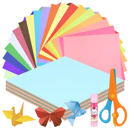 Swpeet 10x 10 Inches 200 Sheets 20 Vivid Colors Origami Paper Kit with Glue Stick and Scissors, Double-Sided Color Square Folding Paper for DIY School Arts Crafts Projects Children Adults
