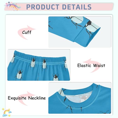 Pajama Sets Long Sleeve Beetle Pattern on Blue Soft Comfy Sleepwear 2 Piece PJS 3-8T4