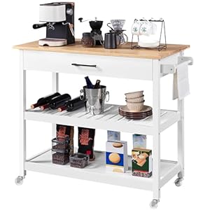 Topeakmart Kitchen Island Cart on Wheels, Rolling Microwave Cart with Storage Drawer Towel Rack 2 Shelves Natural Wood Countertop, White Topeakmart Kitchen Island Cart on Wheels Rolling Microwave Cart with Storage Drawer Towel Rack 2 Shelves Natural Wood Countertop White