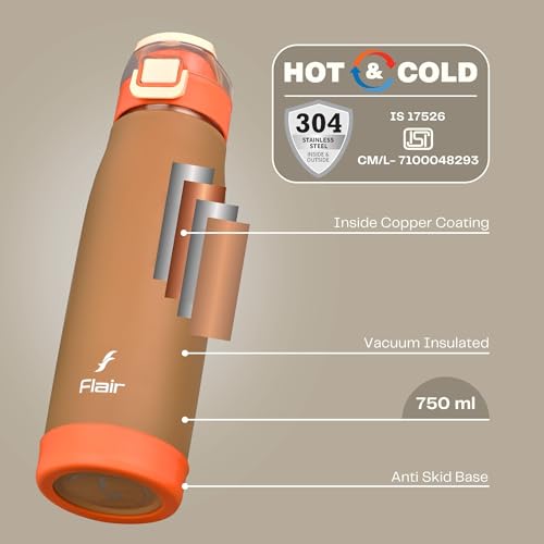 Image of FLAIR Sprint 750ml Vacuum Insulated Water Bottle - 304 Stainless Steel, Double Wall Thermos Flask, Leak-Proof, BPA-Free (Brown)