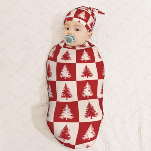 Image of Christmas Tree Red Buffalo Plaid Swaddle Blanket with Beanie Hat Set Newborn Swaddle Wrap Soft Baby Receiving Blankets Baby Swaddle Blanket for Baby Boys and Girls