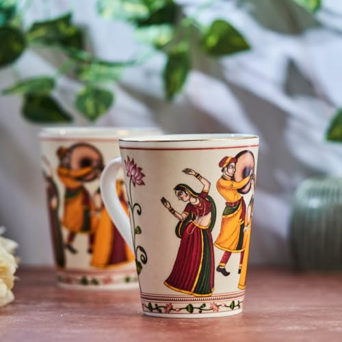 Image of GOLDEN QUEEN'S Mugs Set Of 2 For Coffee, Tea, Milk - Ideal For Your Daily Beverage Ritual, Hosting & Casual Gatherings | 24 K Gold On Rim - Dance Of Harmony, 300 Ml