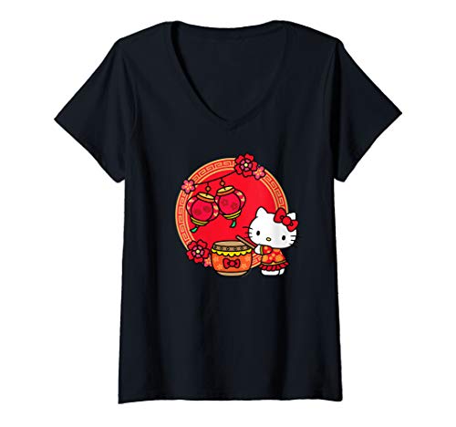Womens Hello Kitty Happy Lunar New Year 2022 V-Neck T-Shirt