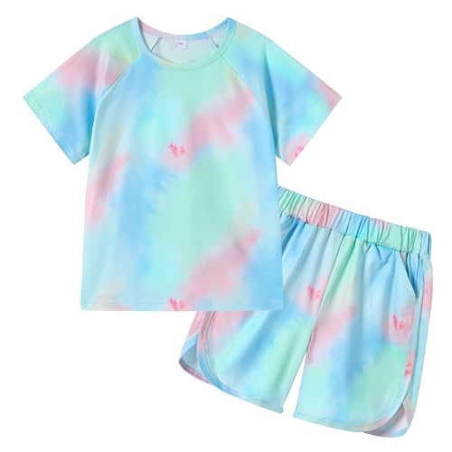 Image of DISAUR Girls Summer Outfits 2 Piece Matching Sets Tie Dye T Shirt and Shorts Set with Pockets for Girls 4-10 Years