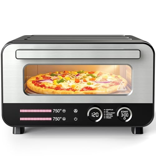 Image of NEWBULIG Pizza Oven Indoor, Electric Pizza Maker Countertop with 6 Presets, Heats to 750F, 1600W, Makes 12.6'' Pizzas, Includes Stone & Spatula, Touchscreen & Mechanical Control Knobs