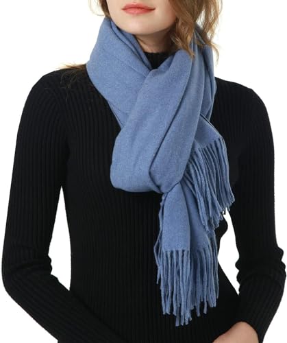MEANBEAUTY Women Cashmere Feel Scarf Winter Pashnima Shawl Wrap Solid Color Blanket Scarves, Blue, L