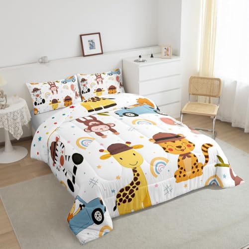 Image of Feelyou Rainbow Giraffe Comforter for Kids Full Size Tiger Monkey Comforter Set Boys Girls Cartoon Rainbow Comforter Kawaii Duvet Insert Bed Set 3Pcs