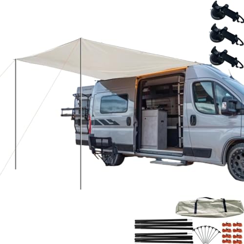 DANCHEL OUTDOOR Large Van Car Awning with Suction Cups, Needn't Roof Rack Mounting, Waterproof Vehicle Camper Awning Canopy Overland Camping, 13x9.8ft Khaki