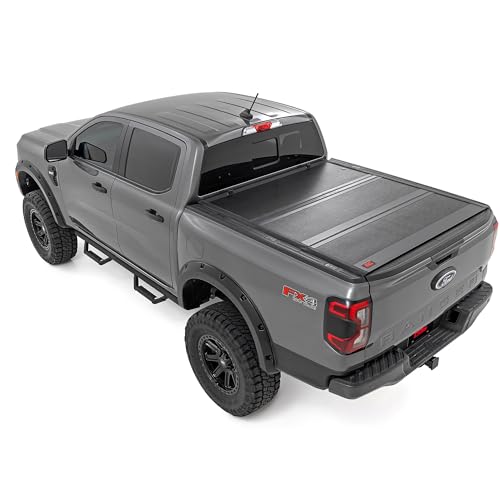Image of Rough Country Hard Tri-Fold Tonneau Cover for Ford Ranger (2019-2023) - Low-Profile Aluminum Truck Bed Cover, Fits 5' Bed (61 inch)