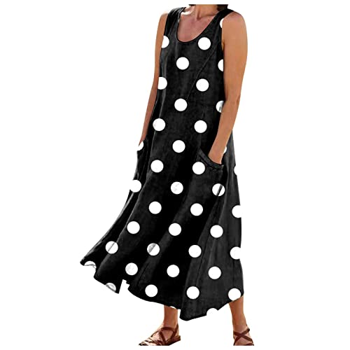 Women's Formal Dresses Plus Womens Summer Clothes Loose Bohemian Polka Dots Print Dress With Pockets Long Maxi Sleeveless Summer Beach Swing Dress Spring Wedding Guest Dresses For Women Black L #TOP4