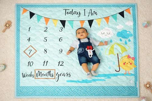 NEW COMERS® Milestone Baby Blanket for All Season, Multiuse Cotton Blanket with Props (Wooden Rings) for Winter/Ac Room/Summer Blankets for Kids/New Born Monthly Photoshoot,135x115x2cm_506-100 TC
