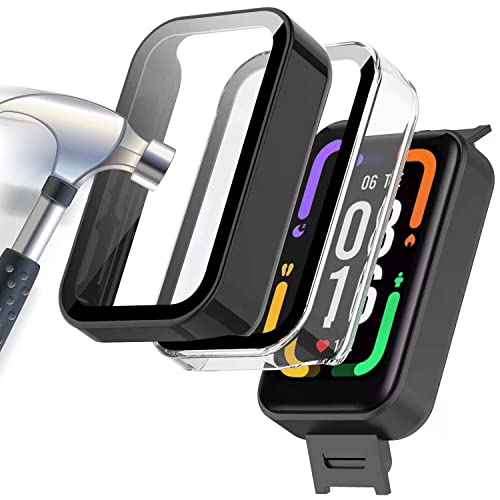 Acadeny [2 fundas con protector de pantalla de cristal templado, compatibles con Xiaomi Redmi Smart Band PRO, dureza 9H, 360°, funda protectora ultrafina, funda para PC, transparente+negro
