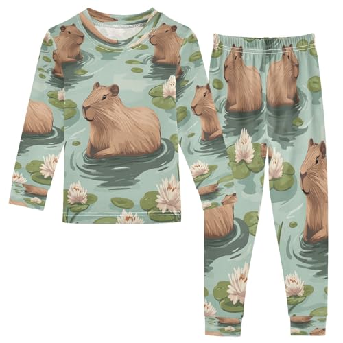 Pajama Sets Long Sleeve Swimming Capybara Pattern Soft Comfy Sleepwear 2 Piece PJS 3-8T
