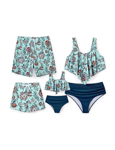 Image of PATPAT Family Matching Swimsuits Two Piece Hawaiian Tropical Beach Bikini and Swim Trunks Set Mommy and Me Bathing Suits