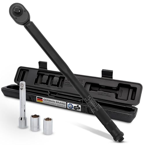 cartrend Drehmomentschlüssel, einstellbar von 40 bis 210 Nm, mit Verlängerung 120 mm und 2 Stecknüssen, 12,5 mm Vierkant-Antrieb; mit Umschaltknarre, aus gehärtetem Stahl, rutschfester Handgriff