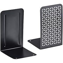Acrimet Bookends for Shelves, Non-Skid Book Holder, Heavy Duty Steel Metal Book Ends for Home, Library, 6 7/8" H x 4" W x 4 1/2" D Black Bookends with Silver Design 1 Pair / 2 Pieces