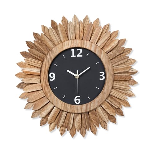 Honiway 16 Inch Wall Clocks, Rustic Wood Boho Sunburst Decorative Wall Clock Battery Operated Silent Non Ticking Farmhouse Large Wall Clocks for Living Room Kitchen Bedroom Home Decor (Rustic Brown)