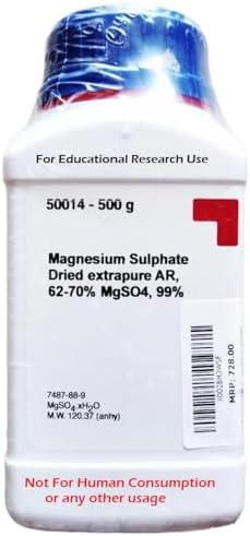 SRL Magnesium Sulphate Dried extrapure 500GM AR GRADE, 62-70% MgSO4, 99%(CAS 7487-88-9),Molecular Formula : MgSO4. xH2O, Molecular Weight : 120.37 (anhy),Shelf Life : 60 Months,