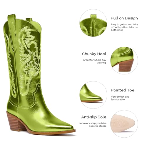 Women's Cowboy Boots Metallic Mid Calf Cowgirl Boots Wide Calf Western Embroidered Sparkly Paty Boots3