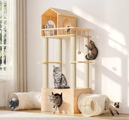 Homiflex Wood Cat Tree with 2 Tunnels, 61''H Cat Tower for Adult Large Cats