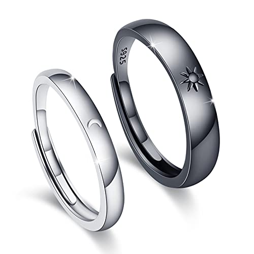 Sun and Moon Couple Rings 2pc 925 Sterling Sliver Engagement Couple Rings Adjustable Couple Matching Rings Engagement Wedding Band Set for Couples Him and Her Blake and White Promise Couple Rings