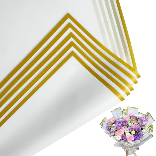 Duyasurs 20 Sheets Floral Wrapping Paper Waterproof Bouquet Wrapping 22.8x22.8IN Florist Supplies Packaging Paper DIY Gift Box Wedding & Birthday Gifts Gold Edge(White)