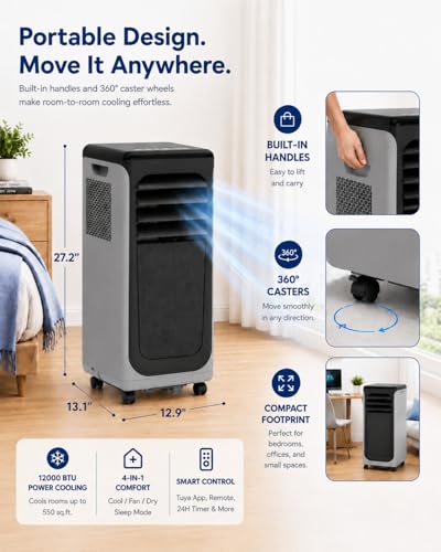 Image of Coolblus Portable Air Conditioners 12000 BTU, Wi-Fi Smart Portable AC Unit for Room Up to 550 Sq.Ft, 3 in 1 Quiet AC with Cool /Dehumidify /Fan, Window Kit, Black-12000BTU-WIFI