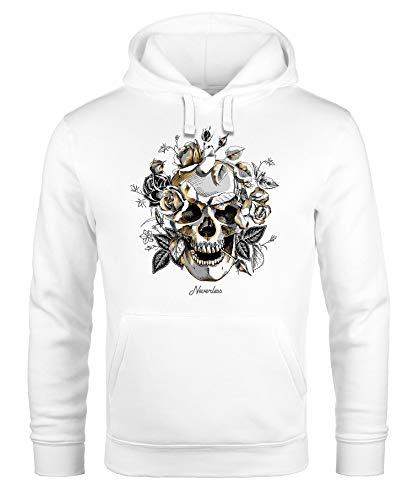 Neverless® Hoodie Herren Totenkopf Rosen Skull Roses Schädel Kapuzen-Pullover Männer weiß 3XL