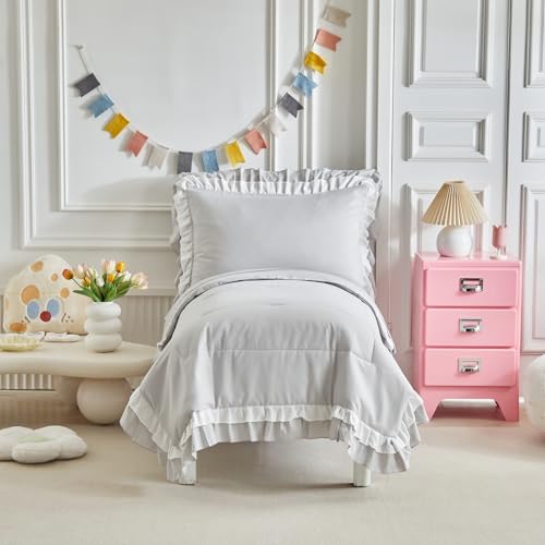 Shxime 4 Pieces Double Layer Toddler Bedding Set - Light Grey& White Ruffle Fringe 4 Pieces Toddler Bed Set - 1 Comforter 1 Fitted Sheet 1 Flat Sheet 1 Pillowcase for Baby Boys and Girls Light Grey