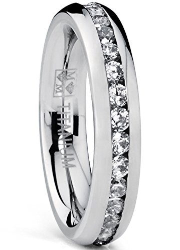 4MM High Polish Ladies Eternity Titanium Ring Wedding Band with Cubic Zirconia CZ Size 9