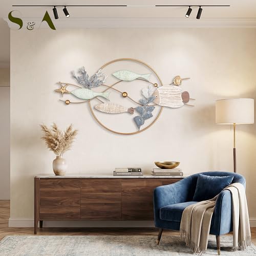 Image of S & A Underwater Ocean Life Metal Wall Art Decor - Large 78cm Coastal Wall Hanging with Wooden Fish & Coral Accents, Ocean Theme Artwork for Living Room, Bedroom & Home Decoration