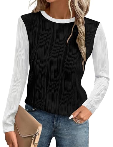 Gemulate Women Tops for Work Ladies Long Sleeve Blouse Crewneck Womens T-Shirts Fall Winter Trendy Dressy Color Block Outfit Black White M