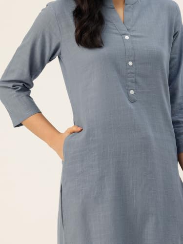 Image of feranoid Women's Plain Cotton Kurta with Mandarin Collar, 3 /4 Sleeves & Pocket