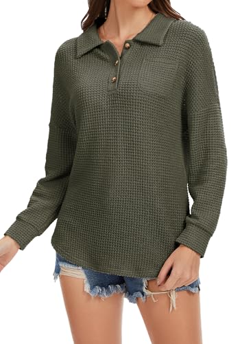 Womens Tops Waffle Knit V-Neck Long Sleeve T-shirts Button Down with Pockets Tunic Fashion Clothing3