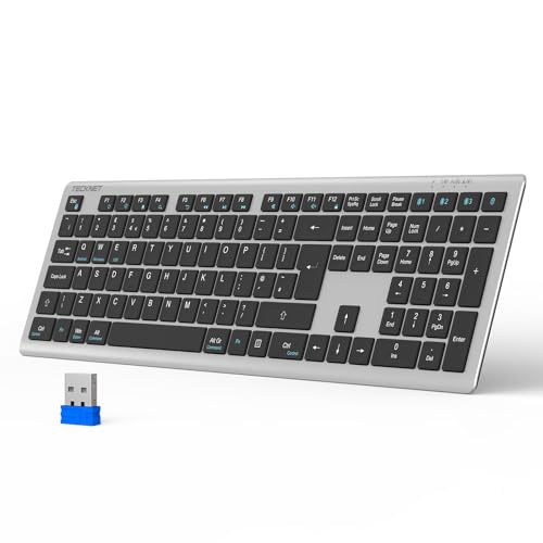 TECKNET Wireless Keyboard, Rechargeable 2.4GHz USB Bluetooth Keyboard for 4 Multi Devices, Ultra Slim Full Size UK Layout Keyboards for Computer, Laptop, Tablet, Smart TV, Phone