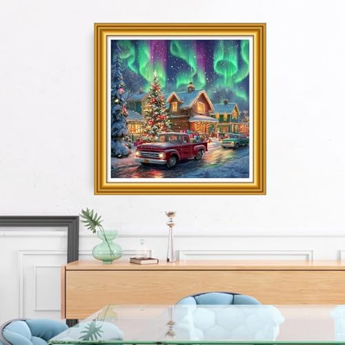 Image of Foxhool Stamped Cross Stitch Kits,11CT Printed Cross Stitch Pattern Full Embroidery Kits for Beginner Needlepoint Kits&Christmas Northern Lights 18x18 inch