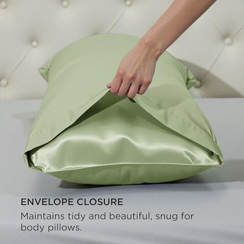 Image of Bedsure Body Pillow Cover 20x54 Inches - Sage Green Satin Similar to Silk Pillowcase for Hair and Skin, Cooling and Silky Long Body Pillow Pillowcase with Envelope Closure, Gifts for Women Men